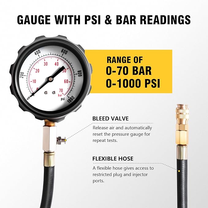 DNA Motoring TU-15B Diesel Engine Compression Gauge Tester with Gauge & Adapters, Cylinder Pressure Meter Teste Tool Kit for Trucks Cars, TOOLS-00336