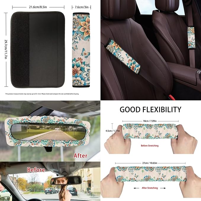 Suobstales Boho Butterfly Mandala Print Car Seat Covers Set of 13 with Universal Steering Wheel Cover, Rearview Mirror Cover, Car Trash Can, Seatbelt Pads, Cup Holder Coasters, Keychains