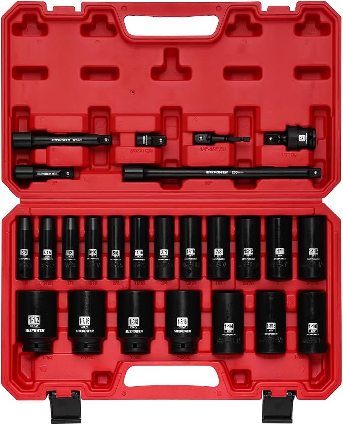 MIXPOWER 25 PCS 1/2” Drive Impact Socket Set, 3/8" to 1-1/2" Deep Socket, 6-Point Hex Socket with Portable Case,SAE,CR-V&CR-MO Steel
