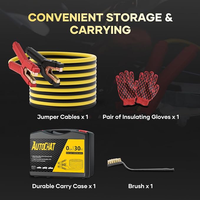 Heavy Duty Jumper Cables, 0 Gauge 30 Feet 1000 Amp Automotive Booster Cables for Car Battery, for Car, SUV and Trucks Battery, with Carry Case, Gloves, Brushes