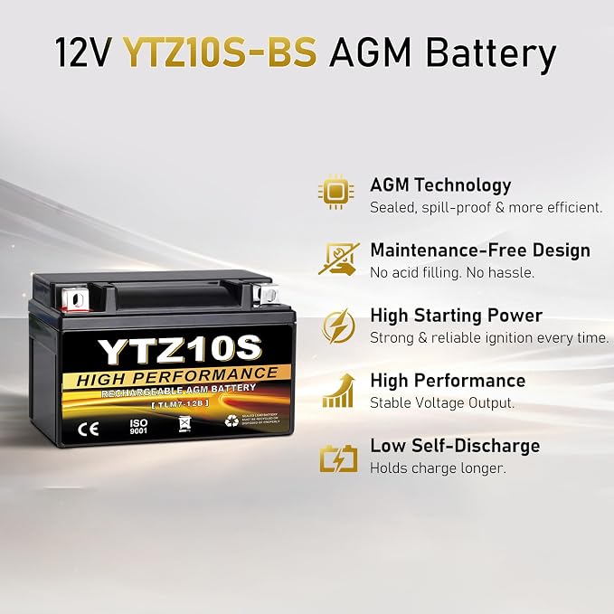 YTZ10S-BS 12V 9Ah AGM Sealed Motorcycle Battery, Maintenance-Free, Compatible with Yamaha Raptor, Honda CBR, BMW, Kawasaki, Suzuki