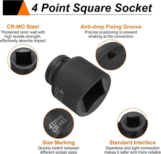 HARFINGTON 3pcs 4 Point Square Socket 1" Drive 41mm Metric CR-MO Phosphate Blackening Standard Wheel Impact Sockets for Auto Repair Mechanical Maintenance Home Install