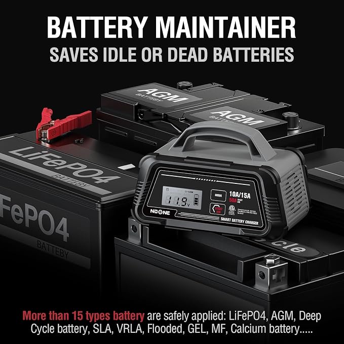 NOONE 10A/15A Smart Battery Charger and Maintainer - Fully Automatic 6V/12V Charger with 50A Engine Start, Auto Repair & Desulfation - Compatible with Lead-Acid, AGM, LiFePO4 Batteries