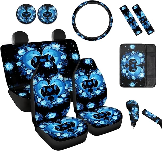 BIGCARJOB Blue Dolphin Car Seat Cover Set with Armrest Cushion,Seat Belt Pads,Steering Wheel Covers,Universal Auto Seat Cover Set 12 Pcs Neon Dolphin Interior Accessories Full Set