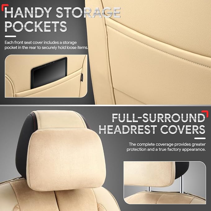 Voris Series Front Row Set Seat Covers Universal for Cars Trucks SUV, Beige, CA-SC-VORIS-F-BE