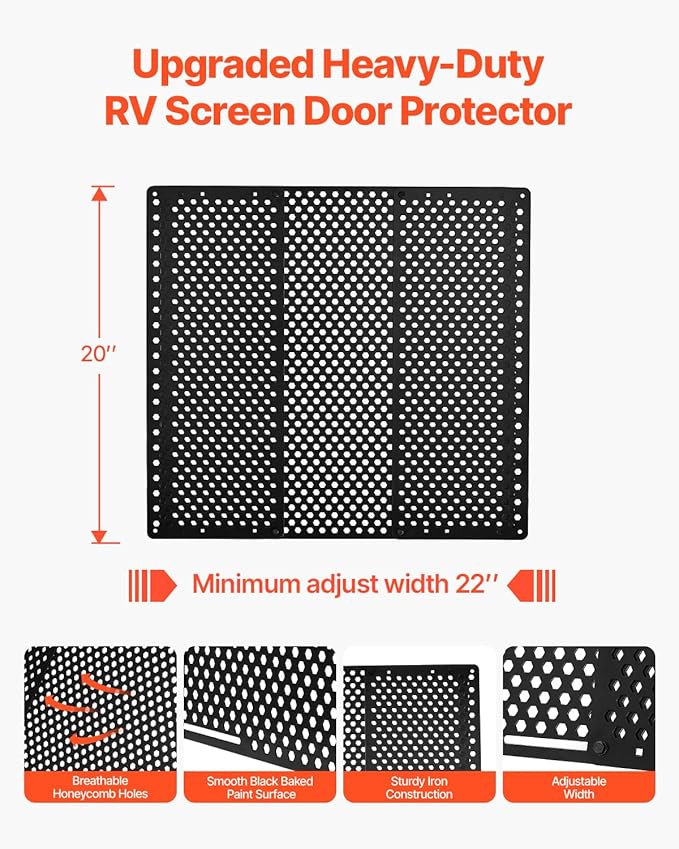 VEVOR RV Screen Door Protector, Adjusts from 22 to 31.5 inch, Adjustable Door Grille, Easy to Install, Reinforced Breathable Honeycomb Holes, Iron Camper RV Entry Protector for Pet Protection, Black