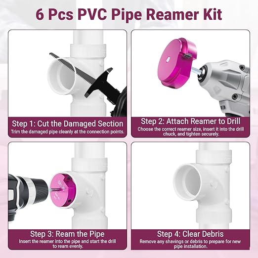 6 Pcs PVC Pipe Reamer Kit for 1/2" Drill – Fitting Saver Tool Set, Includes 3/4", 1", 1-1/2", 2", 3", 4" Carbide Inserts for SCH40 PVC CPVC ABS Pipes
