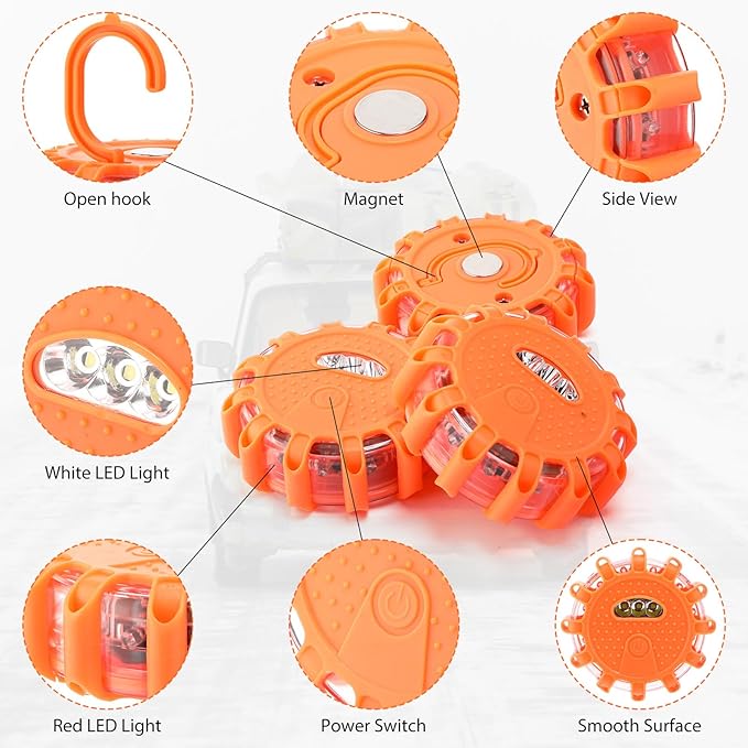 Tallew 16 Pack LED Road Emergency Roadside Lights Flashing Safety Warning Kit Beacon Magnet Hook Vehicle Boat Truck Disc Magnetic Flash Cars Security Driveway Automotive Strobe