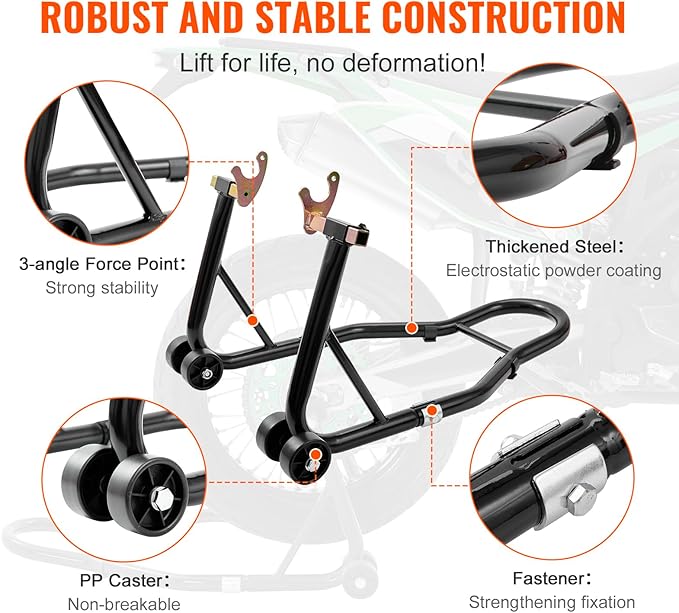 vevor Motorcycle Stand Lift 850lbs Front Rear Combo Stand Lift Stand Front Wheel Fork Stand Rear U+L Fork Swingarm Spool Stand Compatible with Most Yamaha Honda Kawasaki Suzuki Motorcycles Black