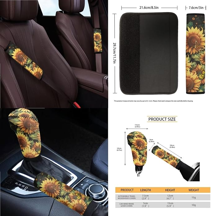 Sunflower Print Full Set Car Seat Covers with Accessories Decorative Front and Rear Split Bench Seat Covers Steering Wheel Cover Armrest Cushion Universal Fit Sedan SUV Truck