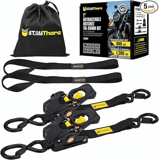 Stay There Retractable Ratchet Straps (2-Pack) - 1 Inch x 7 Feet (1200lb Break Strength) - Heavy Duty Auto Self Retracting Tie Down Straps for Truck, Cargo Trailer, Motorcycle & More - Black