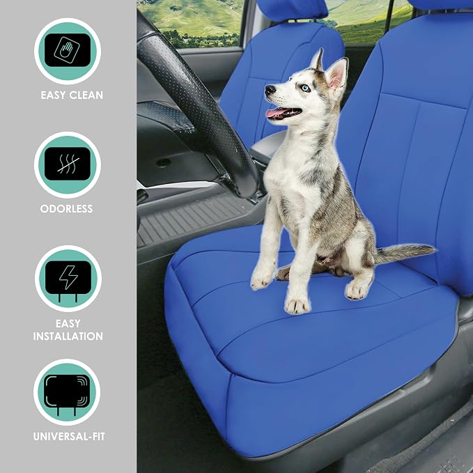 FH Group Neoprene Car Seat Covers - Front Set for Low Back Seats with Removable Headrest, Universal Fit, Airbag Compatible - Solid Blue Seat Covers for SUVs and Vans