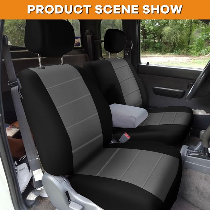 Truck Seat Cover Compatible with 1995-2000 Toyota Tacoma, Knitted Front Bench 60/40 Seat Covers with 2 Headrests and Center Console, Black&Charcoal