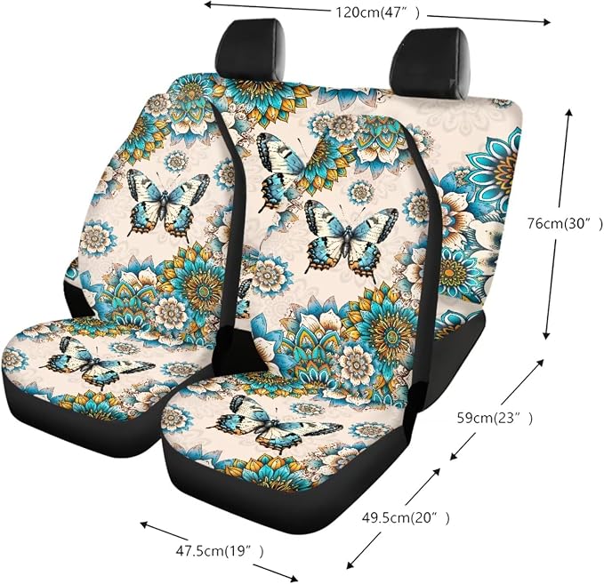 Boho Mandala Butterfly Pattern Car Accessories Set of 13, Front and Rear Seat Covers Full Set, Soft Steering Wheel Cover, Safe Belt Covers, Coasters, Wear Resisting Interior Covers