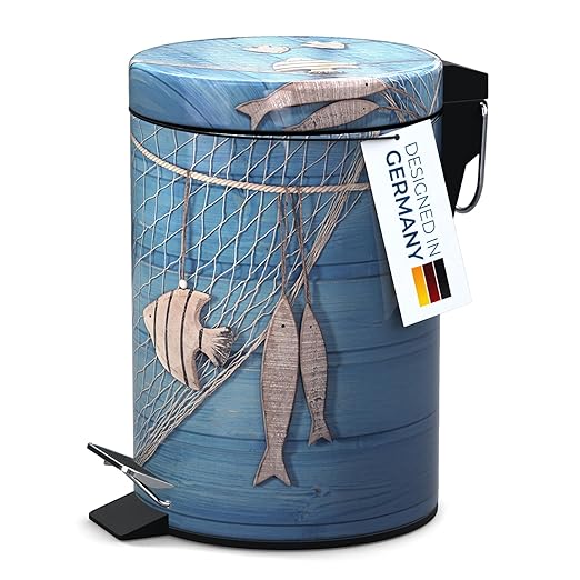 Sanilo Small Bathroom Trash Can with Lid [1.3 Gallon] - Lidded Tiny Trashcan for Garbage - Mini Metal Bin with Soft Closing Mechanism - Bath Room Accessoire Wastebin with Inner Bucket (Seafaring)