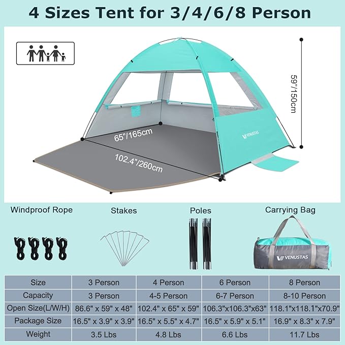 Venustas Beach Tent Sun Shelter for 3/4/6/8 Person, UPF 50+ UV Protection Beach Canopy, Lightweight and Easy Setup Cabana, Portable Shade Tent