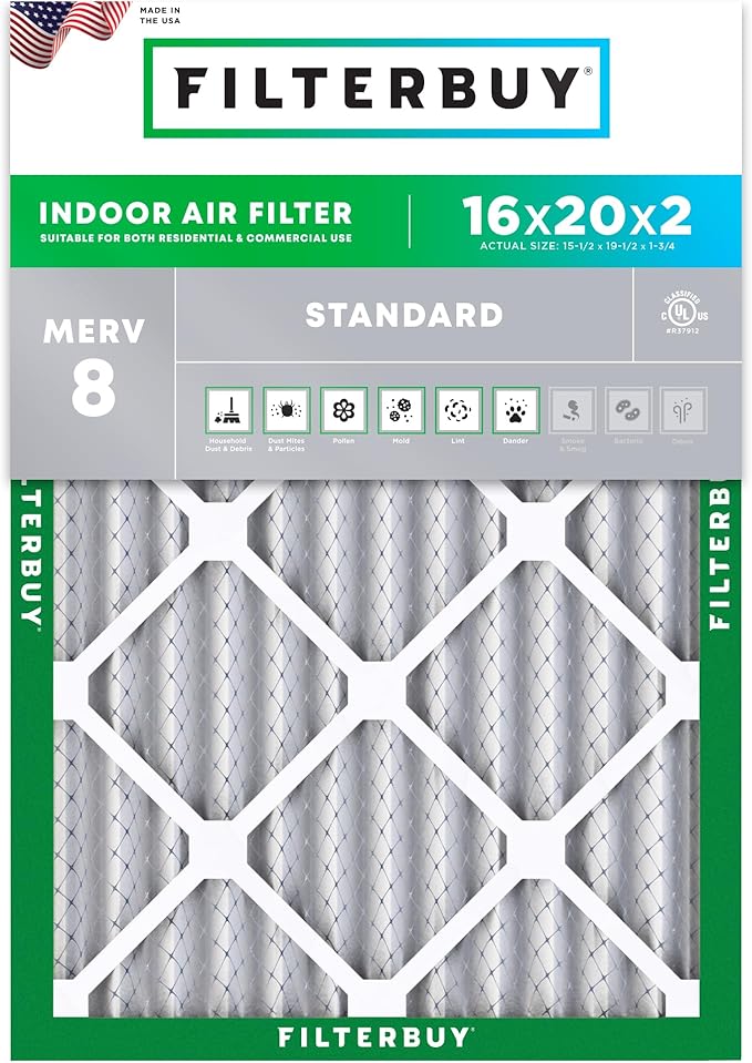 Filterbuy 16x20x2 Air Filter MERV 8 Essential Dust & Allergy Defense (1-Pack), Electrostatic Pleated HVAC AC Furnace Filters Replacement (Actual Size: 15.50 x 19.50 x 1.75)