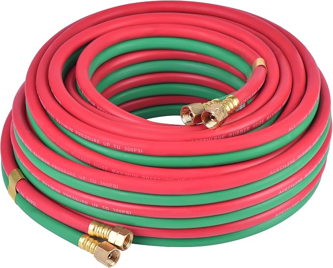 Oxygen Acetylene Hose Twin Welding Hose 1/4" × 50FT - 300 PSI Red & Green Torch Hose with 9/16"-18 B Fittings Grade R for Gas Welding Cutting & Brazing