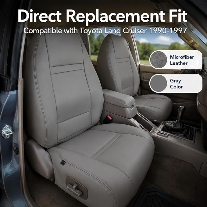 NLQR Driver and Passenger Side Bottom and Top Back Replacement Seat Covers Gray Compatible with Toyota Land Cruiser 1990 1991 1992 1993 1994 1995 1996 1997