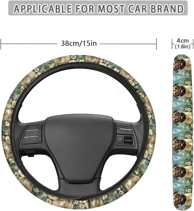 Pug Dog Butterfly Daisy Print Car Accessories Pack of 13, 4 Pieces Auto Front and Back Seat Covers + 4 Pieces Seat Belt Cover Pad + 1 Piece Steering Wheel Cover + 4 Pieces Cup Coasters