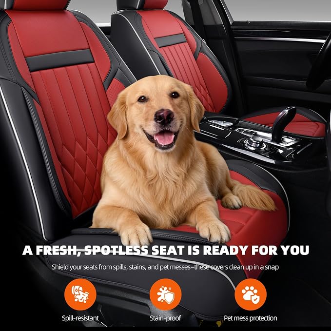 2-Seater Waterproof and Breathable Nappa Leather Car Seat Covers Full Set, Fit for Front Seats of Cars, Compatible with Airbags, Car Seat Protector Covers for Most Cars - Black Red