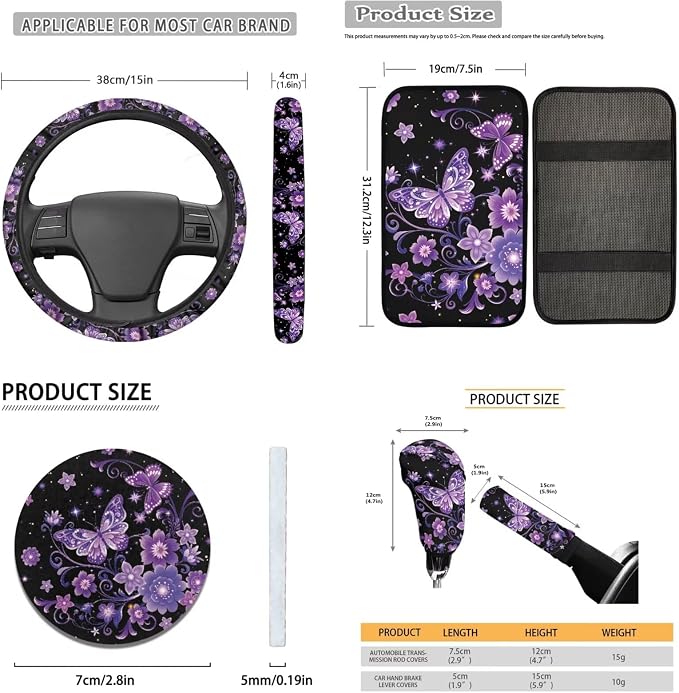 Lotusorchid Butterfly Floral Print Car Accessories Full Set, Washable Car Front Back Seat Covers and Gear Shift Knob Cover, Anti-Dust Steering Wheel Cover and Auto Seat Covers