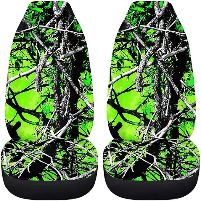 Car Seat Covers Full Set for Women Men Green Camo Hunting Wood Forest Oak Print Universal Auto Accessories with Steering Wheel Cover,Seat Belt Pad,Keychain,Coaster,Lipstick Holder
