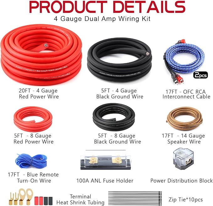 4 Gauge Dual Amp Wiring Kit Make Connections and Bring Power to Your Radio,Subwoofers and Speakers