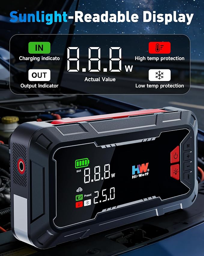 HW Car Battery Jump Starter with Air Compressor, 12V 2000A | 44.4Wh, 160PSI, 65W Fast Charging, Air Chucks and USB Cables