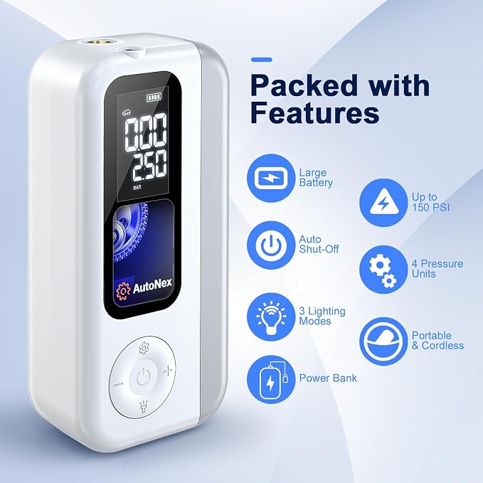 Tire Inflator Portable Air Compressor, Cordless Tire Air Pump with LED Light, 150 PSI Car Tire Air Pump, Electric Tire Inflator for Inflatables, Car, Bike, Motorcycle