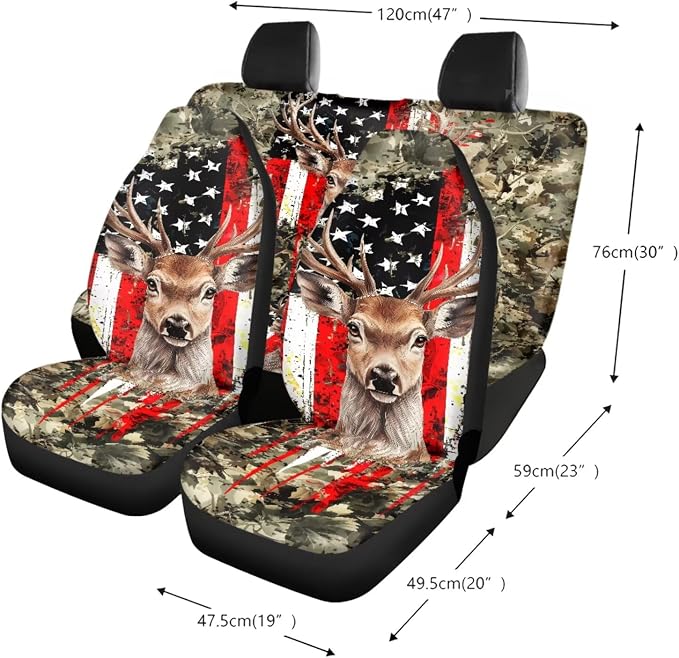 Deer Leaf American Flag Pattern Auto Accessories Set of 13, Car Front and Back Seat Covers Full Set + Steering Wheel Cover + Safe Belt Pad for Car + Coasters with Notch