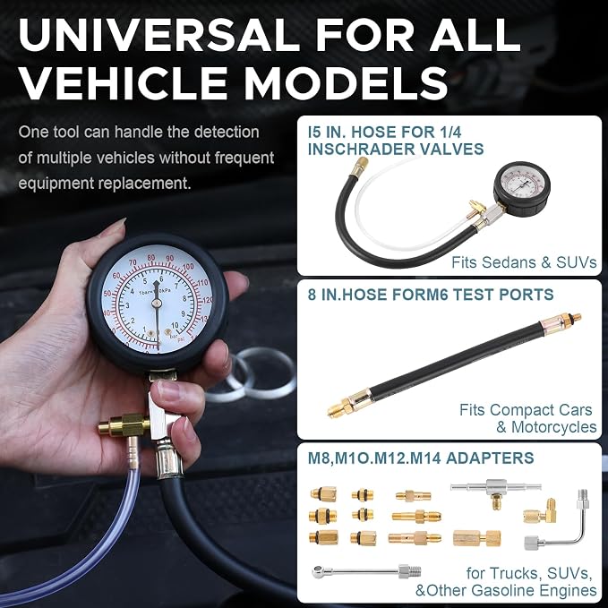 Fuel Pressure Tester Kit 0–140 PSI, Fuel Injection Pressure Tester & Fuel System Pressure Gauge Kit with Hoses and Adapters for Gasoline Cars Trucks Motorcycles（Red）