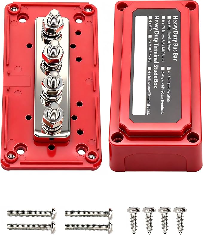 300A Bus Bar 12V Waterproof Marine Bus Bar Heavy Duty Module Design Power Distribution Block with 4 X M8(5/16") Terminal Studs 12V Terminal Block for Marine Car RV Truck Solar Systems (Red)