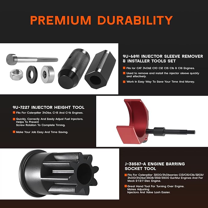 9U-6891 Injector Sleeve Remover Installer Set + 9U-7227 Injector Height Tool + J-38587-A Engine Barring Socket Tool Kit (8-PC) - Compatible with CAT Caterpillar 3406E C15 C16 Diesel Engines (8 PCS)