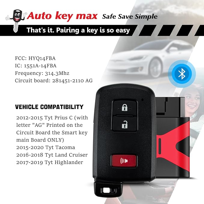 Programmable Keyfob, Replacement Car Keys Fob and DIY Programmer Kit for 2015-2020 Tacoma 2014-2019 Highlander Smart Remote HYQ14FBA 281451-2110 (3 BTN Programmer Kit)