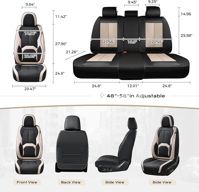 Coverado Car Seat Covers, Leather Seat Covers Full Set, Waterproof Car Seat Protector with Lumbar Support, Automotive Seat Covers Seat Cushions Universal Fit for Most Cars SUV Trucks, (Black&Beige)