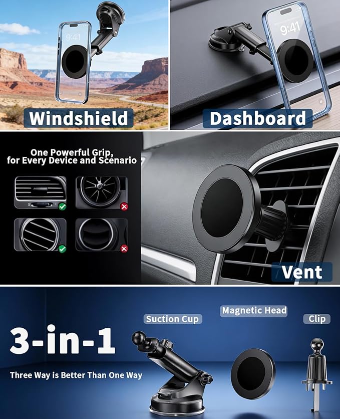 RayLink for Military-Grade Magnetic Car Mount【122+lbs Suction & 25lbs Magnet】 for MagSafe Phone Holder【3-in-1 Windshield+Vent+Dash】 Universal Cell Phone Holder for Car Truck SUV