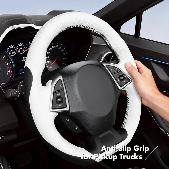 MEWANT Hand Stitch Steering Wheel Cover for Chevy Camaro 2016-2025 Custom Black White Microfiber Leather Interior DIY Wrap Restoration Kit Anti-Slip Breathable Protector