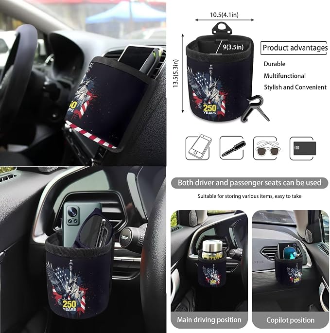 Wanyint Car Seat Cover Set 15 PCS, with Steering Wheel Seat Belt Rear View Mirror Cover Trash Can Cup Coaster Keychain Air Vent Storage Bag, US 250th Anniversary Auto Decor, Statue of Liberty Eagle