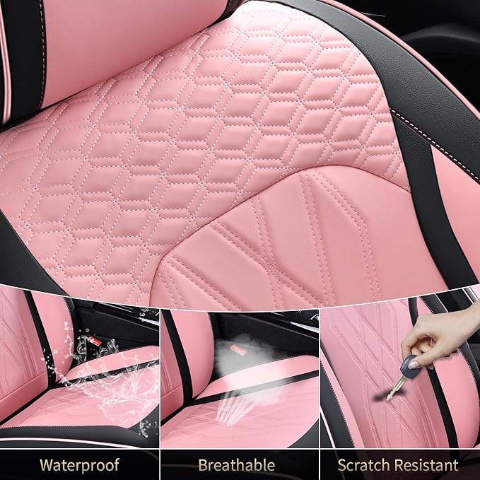 FLORICH Leather Cars Seat Covers Full Set Pink Car Seat Covers Front and Rear Seat Covers for Car Waterproof Vehicle Seat Interior Cover Universal Fit for Most Car Truck SUV, Black&Pink