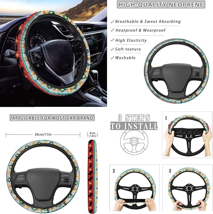 Dreaweet Aztec Tribal Horse Car Seat Covers Full Set 12 Pcs,Universal Car Seat Cover with Steering Wheel Cover,Seat Belt Pads,Armrest Cover,Cup Holder Coasters,Handbrake Cover,Gear Shift Knob Cover