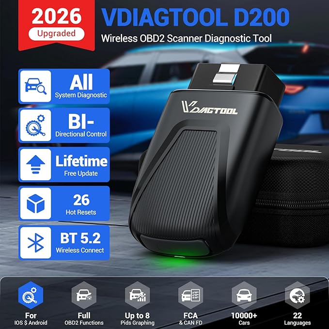 OBD2 Scanner Diagnostic Tool VDIAGTOOL D200, Wireless Bidirectional Scan Tool-Lifetime Free Updates, 26 Resets (Unlockable 49+), Full System Car Code Reader OBD2 Scanner Bluetooth for iOS & Android