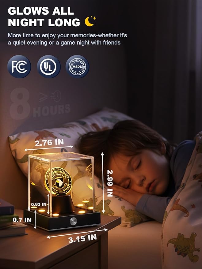 JupDec Cordless LED Challenge Coin Display Case, Clear Acrylic Single Silver Dollar Holder with 10 Color Light up, Autograph Coin Showcase with Memory Function, Ideal Gift for Sports Fans