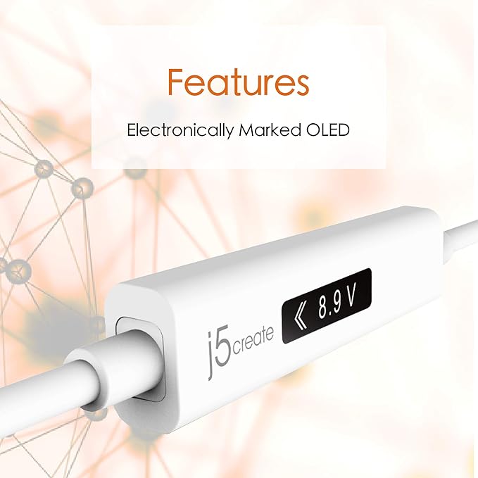 j5create USB to USB C Cable 4ft USB-A 2.0 to USB Type C with OLED Digital Dynamic Power Meter | 60W/3A/480 Mbps Max Fast Charger Cord with Power Delivery 2.0 for Cell Phone, Tablet, Game Console
