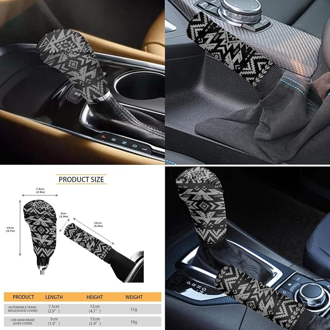 Wanyint Black Aztec Print Car Seat Cover for Women Men Full Set Steering Wheel Cover Shift Knob Handbrake Protector Coasters Head Rest Covers Universal Fit Most Cars SUV Sedan