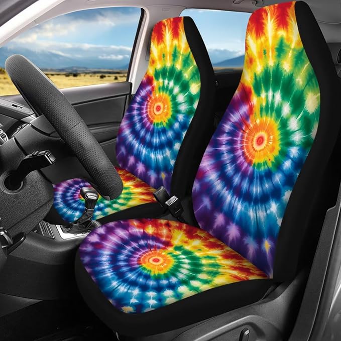 Tie Dye Car Cover Seats Full Set with Vehicle Front Rear Carpets Mats Seat Belt Cover Pad Steering Wheel Cover Lipstick Holder Keychain Rainbow Tie Dye Car Accessories Set 17Pcs for Women Man