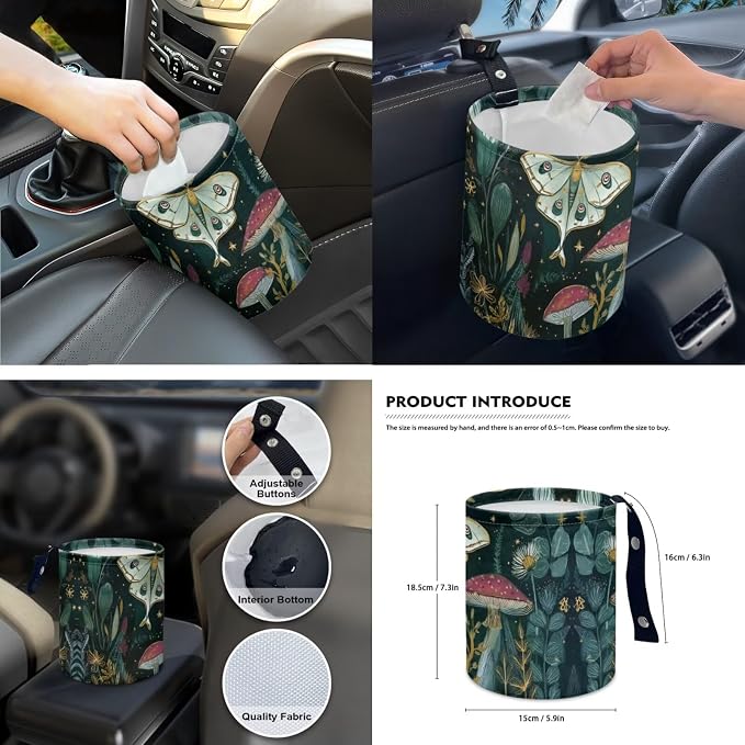 Mushroom Moth 15 PCS Car Seat Cover Set, with Steering Wheel Seat Belt Cover Rear View Mirror Cover Coaster Trash Cans Keychain Universal Fit