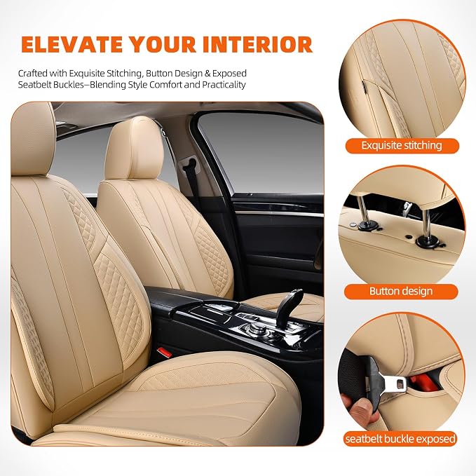 5-Seater Car Seat Covers Full Set Waterproof and Breathable Nappa Leather, Fit for Front and Rear Seats of Cars, Compatible with Airbags, Car Seat Protector Covers for Most Cars - Beige