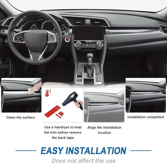 Real Carbon Fiber Center Console Dashboard Panel Trim Compatible with 2016-2021 10th Gen Honda Civic, Interior Decor Sticker Accessories