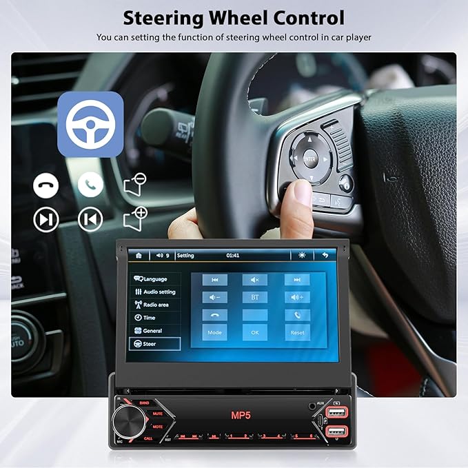 Inefala Single Din Touchscreen Radio 7'' Flip Out Screen Car Stereo with Bluetooth USB Type C Fast Charge Car Audio Receiver Backup Camera SWC FM MIC TF AUX in EQ